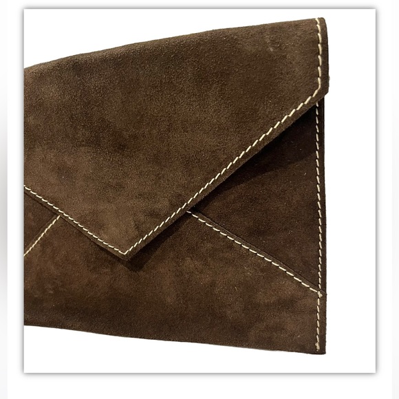 CREAZIONI MAURIZIO~Chocolate Brown Italian Suede Envelope Purse With Chain Strap - Picture 2 of 7